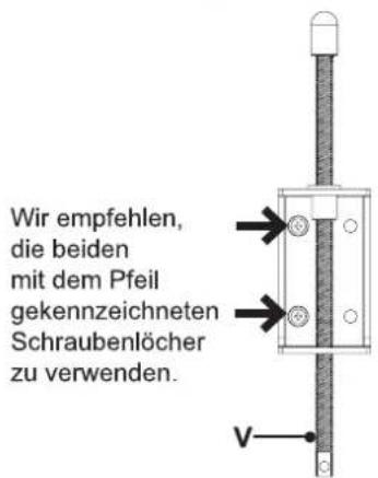 Wir empfehlen, die beiden mit dem Pfeil gekennzeichneten Schraubenlöcher zu verwenden. V