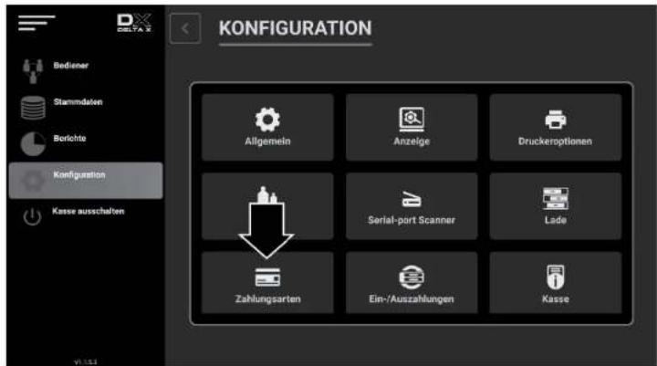KONFIGURATION Bediener Stammdalen Borichte Konfiguration Kasse ausschalten Allgemein Anzelge Druckeroptionen Serial-port Scanner Lade Zahlungsarten Ein-/Auszahlungen Kasse
