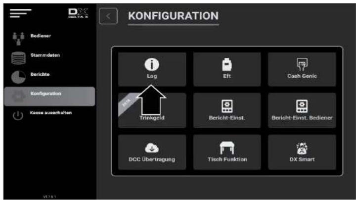 KONFIGURATION Rediener Stammdaten Berichte Konzifikation Kasse ausschalten Log Eft Cash Genic Trinkgeld Bericht-Einst. Bericht-Einst. Bediener DCC Übertragung Tisch Funktion DX Smart
