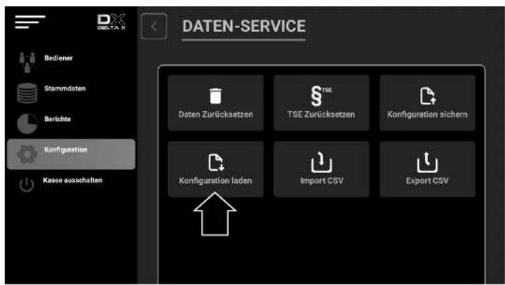 DATEN-SERVICE Daten Zurücksetzen TSE Zurücksetzen Konfiguration sichern Konfiguration laden Import CSV Export CSV