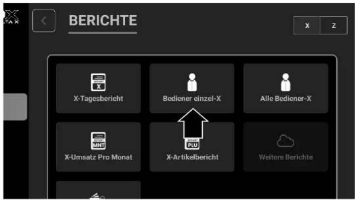 BERICHTE X-Tagesbericht Bediener einzel-X Alle Bediener-X X-Umsatz Pro Monat X-Artikelbericht Weitere Berichte