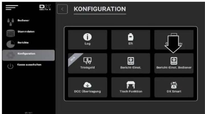 KONFIGURATION Bediener Stammdaten Berichte Konzfiguration Kasse ausschalten Log Eft Dcc Trinkgeld Bericht-Einst. Bericht-Einst. Bediener DCC Übertragung Tisch Funktion DX Smart