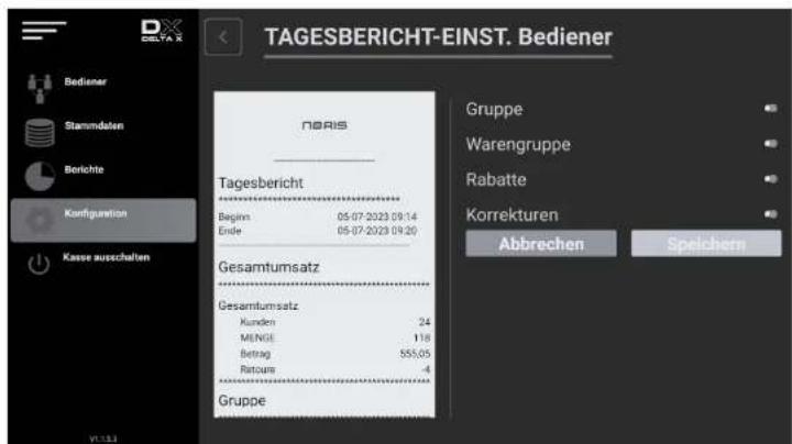 TAGESBERICHT-EINST. Bediener NBRIS Tagesbericht Beginn 05-07-2023 09:14 Ende 05-07-2023 09:20 Gesamtumsatz Gesamtumsatz Kunden 24 MENGE 118 Betrag 555,05 Rettung 4 Gruppe Gruppe Warengruppe Rabatte Korrekturen Abbrechen Speichem