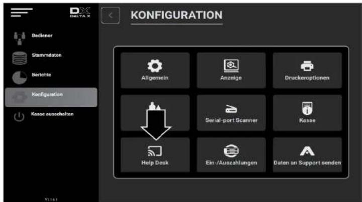 KONFIGURATION Allgemein Anzeige Druckeroptionen Serial-port Scanner Kasse Help Desk Ein-/Auszahlungen Daten un Support senden