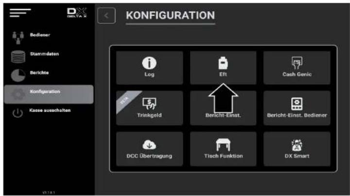 KONFIGURATION Bediener Stammdaten Berichte Konzifikation Kasse ausschalten Log Eft Cash Genic Trinkgeld Bericht-Einst. Bericht-Einst. Bediener DCC Übertragung Tisch Funktion DX Smart