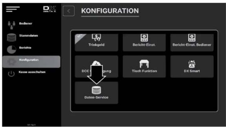 KONFIGURATION Bediener Stammdaten Berichts Konfiguration Kasse ausschalten Trinkgeld Bericht-Einst. Bericht-Einst. Bediener DCC Verfügung Tisch Funktion DX Smart Daten-Service