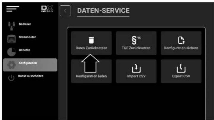 DATEN-SERVICE Bodiener Stammdaten Berichte Configuration Kasse ausschalten Daten Zurücksetzen TSE Zurücksetzen Konfiguration sichern Konfiguration laden Import CSV Export CSV
