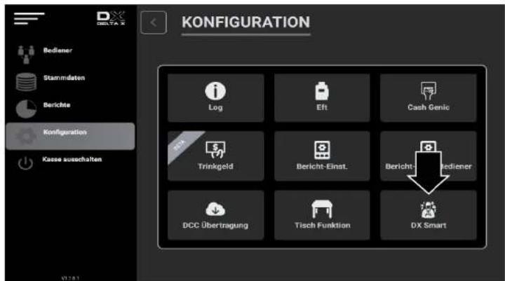 KONFIGURATION Bediener Stammdaten Berichte Konzifikation Kasse ausschalten Log Eft Cash Genic Trinkgeld Bericht-Einst. Bericht- bediener DCC Übertragung Tisch Funktion DX Smart