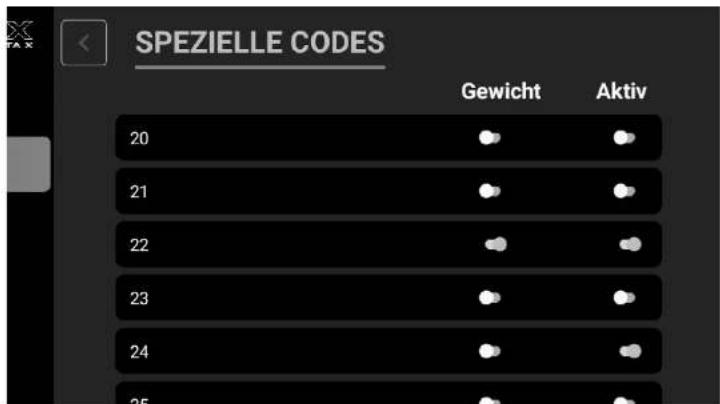 SPEZIELLE CODES Gewicht Aktiv 20 21 22 23 24 25