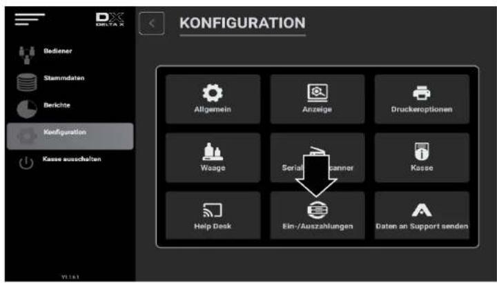 KONFIGURATION Bediener Stammdaten Berichte Ko#figuration Kasse ausschalten Allgemein Anzeige Druckeroptionen Wooge Serial Camner Kasse Help Desk Ein-/Auszahlungen Daten an Support senden
