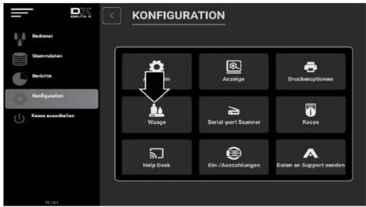KONFIGURATION Bediener Stammdaten Berichte Konzifikation Kasse aussochalten Win Anzeige Druckeroptionen Waage Serial-port Scanner Kasse Help Desk Ein-/Auszahlungen Daten an Support senden