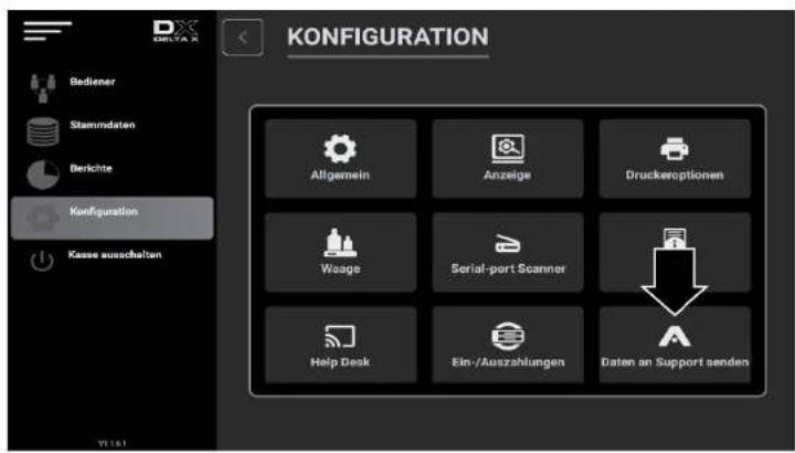 KONFIGURATION Bediener Stammdaten Berichte Konzifikation Kasse ausschalten Allgemein Anzeige Druckeroptionen Wooge Serial-port Scanner Help Desk Ein-/Auszahlungen Daten an Support senden