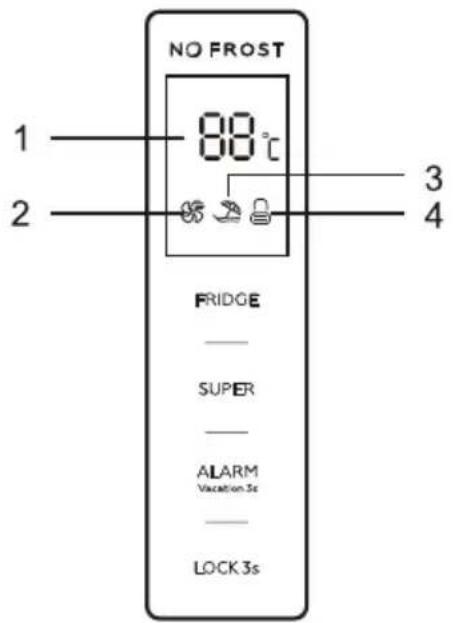 NO FROST 1 —— 88°C 2 —— 3 —— 4 —— FRIDGE — SUPER — ALARM Vacation 3s — LOCK 3s