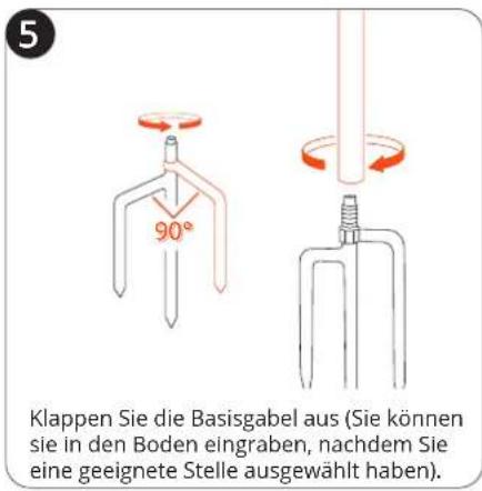 5 90° Klappen Sie die Basisgabel aus (Sie können sie in den Boden eingraben, nachdem Sie eine geeignete Stelle ausgewählt haben).