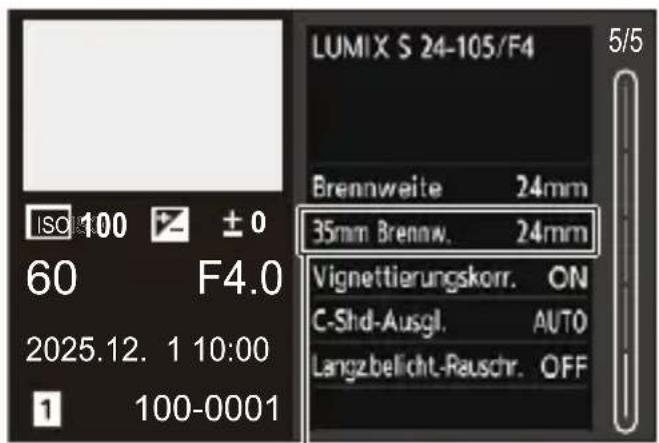 LUMIX S 24-105/F4 Brennweite 24mm 35mm Brennw. 24mm Vignettierungskorr. ON C-Shd-Ausgl. AUTO Langzbelicht-Rauschr. OFF ISO 100 ± 0 60 F4.0 2025.12. 1 10:00 1 100-0001
