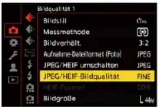 Bildqualität 1 Bildstil Messmethode Bildverhält. Aufnahme-Dateiformat (Foto) JPEG/HEIF umschalten JPEG/HEIF-Bildqualität FINE HEIF-Format SDR Bildgröße L 44v