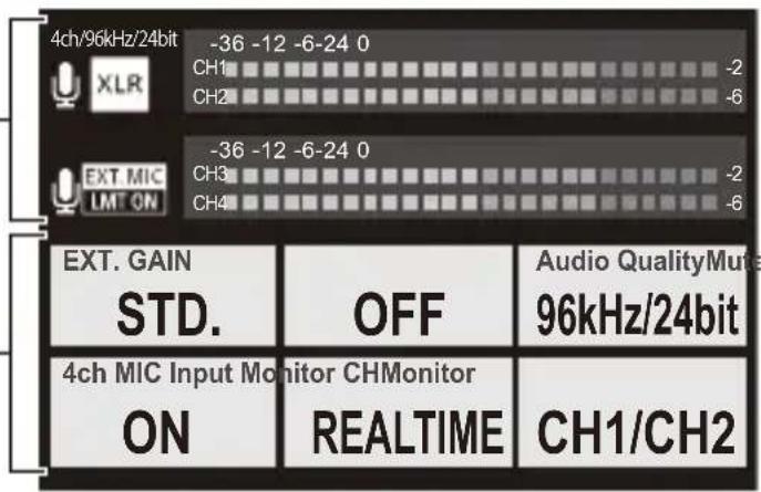 4ch/96kHz/24bit -36 -12 -6-24 0 CH1 CH2 -2 EXT. MIC CH3 CH4 -2 LMT ON -6 EXT. GAIN STD. OFF Audio QualityMute 96kHz/24bit 4ch MIC Input Monitor CHMonitor ON REALTIME CH1/CH2