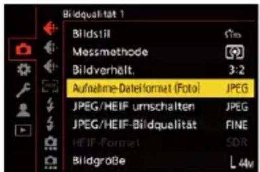 Bildqualität 1 Bildstil Messmethode Bildverhält. 3:2 Aufnahme-Dateiformat (Foto) JPEG JPEG/HEIF umschalten JPEG/HEIF-Bildqualität FINE HEIF-Format SDR Bildgröße L 44v