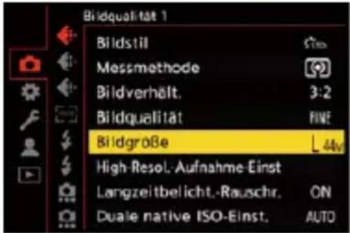 Bildqualität 1 Bildstil Messmethode Bildverhält. Bildqualität Bildgröße High-Resol.-Aufnahme-Einst Langzeitbelicht.-Rauschr. Duale native ISO-Einst. 3:2 FINE 44v ON AUTO