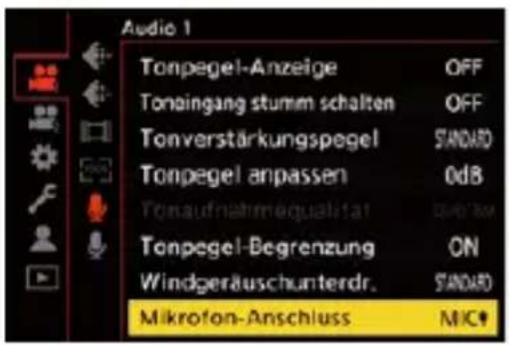 Audio 1 Tonpegel-Anzeige OFF Tonaingang stumm schalten OFF Tonverstärkungspegel STANDARD Tonpegel anpassen 0dB Tonaufnahmqualitat spokw Tonpegel-Begrenzung ON Windgeräuschunterdr. STANDARD Mikrofon-Anschluss MIC9