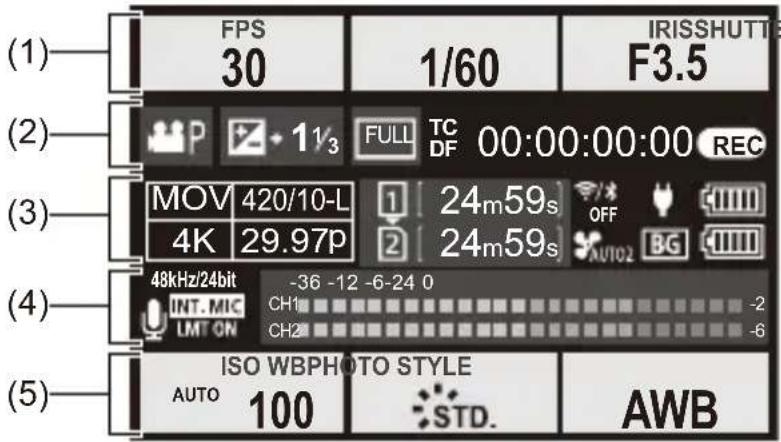 (1) FPS 30 1/60 IRISSHUTT F3.5 (2) P + 1½³ FULL TC DF 00:00:00:00 REC MOV 420/10-L 1 24m59s OFF 4K 29.97p 2 24m59s AUTO2 BG (3) 48kHz/24bit -36 -12 -6-24 0 INT. MIC CH1 LMT ON CH2 (4) ISO WBPHOTO STYLE AUTO 100 STD. (5) AWB
