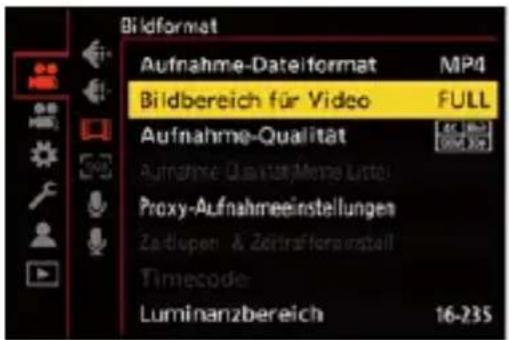 Bildformat Aufnahme-Dateiformat MP4 Bildbereich für Video FULL Aufnahme-Qualität 46 [Hz] Aufnahme-QuartureMeme Untel Proxy-Aufnahmeeinstellungen Zadipen & Zeiträftsursfall Timecode: Luminanzbereich 16-235