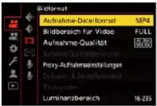 Bildformat Aufnahme-Dateiformat MP4 Bildbereich für Video FULL Aufnahme-Qualität Lumame-Quatsfallene Uste Proxy-Aufnahmeginstellungen Zestupen & Zeiträferanstell Timecode Luminanzbereich 16-235