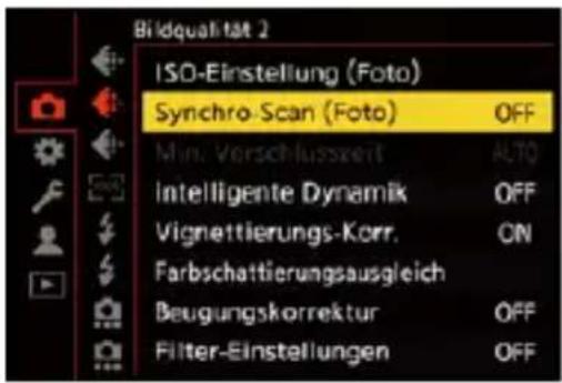 Bildqualität 2 ISO-Einstellung (Foto) Synchro-Scan (Foto) OFF Min. Verschlusszeit AUTO Intelligente Dynamik OFF Vignettierungs-Korr. ON Farbschattierungsausgleich Beugungskorrektur OFF Filter-Einstellungen OFF