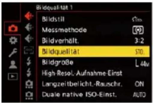 Bildqualität 1 Bildstil Messmethode Bildverhält. Bildqualität Bildgröße High-Resol.-Aufnahme-Einst Langzeitbelicht.-Rauschr. Duale native ISO-Einst. STO. L 44w ON AUTO