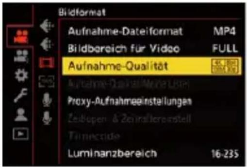 Bildformat Aufnahme-Dateiformat MP4 Bildbereich für Video FULL Aufnahme-Qualität Aufnahme-Dialisi-Meine Usten Proxy-Aufnahmeginstellungen Zestüpen & Zeitraltererstell Timecode Luminanzbereich 16-235
