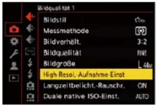 Bildqualität 1 Bildstil Messmethode Bildverhält. Bildqualität Bildgröße High-Resol.-Aufnahme Einst Langzeitbelicht.-Rauschr. Duale native ISO-Einst. STeo 3:2 FINE L 44v ON AUTO