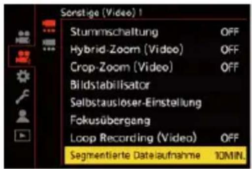 Sonstige (Video) 1 Stummschaltung OFF Hybrid-Zoom (Video) OFF Crop-Zoom (Video) OFF Bildstabilisator Salbstausloser-Einstellung Fokusübergang Loop Recording (Video) OFF Segmentierte Datelaufnahme 10MIN.