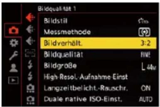 Bildqualität 1 Bildstill Messmethode Bildverhölt. 3:2 Bildqualität FINE Bildgröße L 44m High-Resol.-Aufnahme-Einst Langzeitbelicht.-Rauschr. ON Duale native ISO-Einst. AUTO