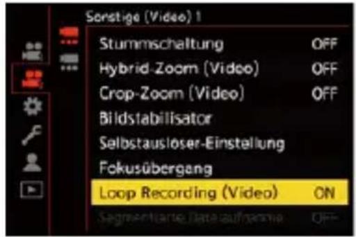 Sonstige (Video) 1 Stummschaltung OFF Hybrid-Zoom (Video) OFF Crop-Zoom (Video) OFF Bildstabilisator Selbstausloser-Einstellung Fokusübergang Loop Recording (Video) ON Segmenteerte: Data aufgarne OFF