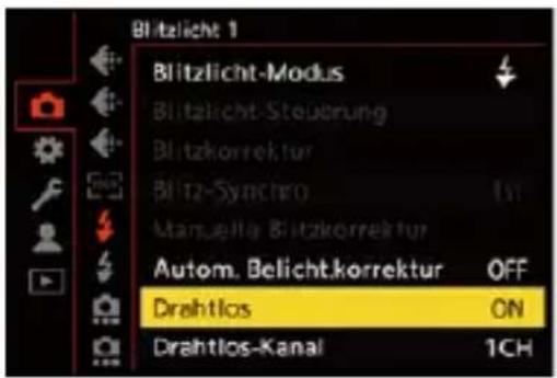 Blitzlicht 1 Blitzlicht-Modus Blitzlicht-Steuernung Blitzkorrektur Blitz-Synchro Manuelle Blitzkorrektur Autom. Belicht.korrektur OFF Drahtlos ON Drahtlos-Kanal 1CH