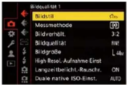 Bildqualität 1 Bildstil Messmethode Bildverhält. Bildqualität Bildgröße High-Resol.-Aufnahme-Einst Langzeitbelicht.-Rauschr. Duale native ISO-Einst. 500 3:2 FINE L 44m ON AUTO