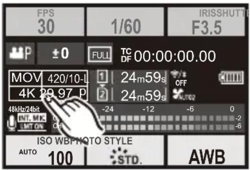 FPS 30 1/60 IRISSHUTTO F3.5 P ±0 FULL TC 00:00:00.00 MOV 420/10-L 1 24m59s OFF 4K 29.97 P 2 24m59s AUTO 48kHz/24bit -24 -12 -6 0 INT, MIX CH -2 LMT ON ISO WBP/NOTO STYLE AUTO 100 STD. AWB