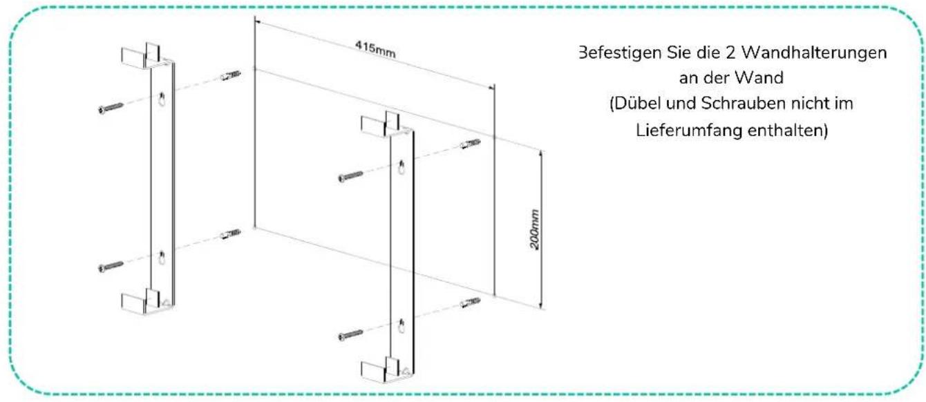 3efestigen Sie die 2 Wandhalterungen an der Wand (Dübel und Schrauben nicht im Lieferumfang enthalten)