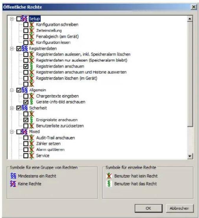 Öffentliche Rechte Setup Configuration schreiben Zeteinstellung Fenabgelt (am Gerät) Configuration lesen Registrierdaten Registrierdaten auslesen, inkl. Speicheralarm löschen Registrierdaten nur auslesen (Speicheralarm bleibt) Registrierdaten anschauen Registrierdaten anschauen und Historie auswerten Registrierdaten löschen (im Gerät) Allgemein Chargentexte eingeben Geräte-info-bild anschauen Sicherheit Ereignisliste anschauen Benutzerliste zurücksetzen Mixed Audit-Trail anschauen Zähler setzen Alarm quittieren Service Symbole für eine Gruppe von Rechten Mindestens ein Recht Keine Rechte Symbole für einzelne Rechte Benutzer hat kein Recht Benutzer hat das Recht OK Abbrechen