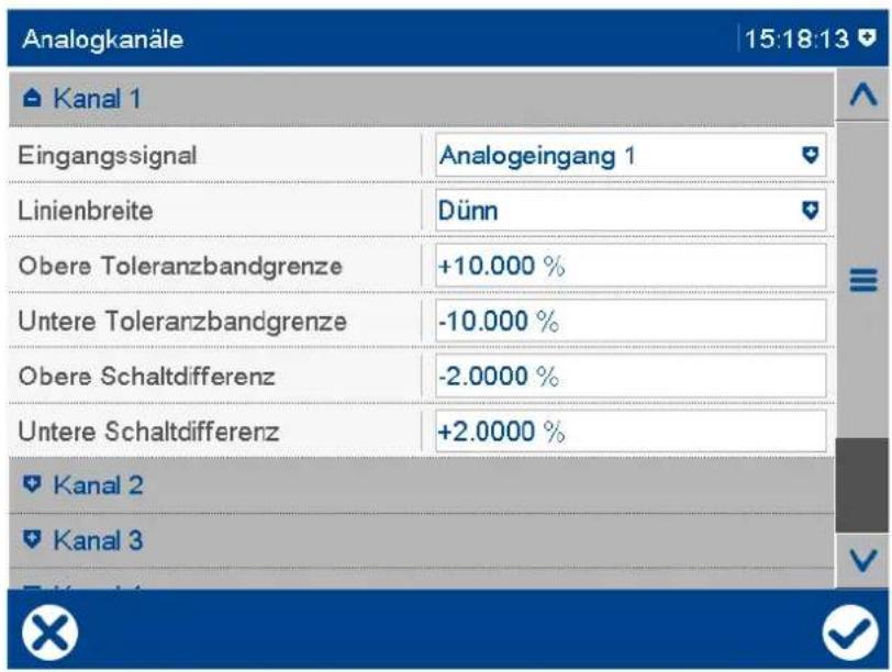 Analogkanäle 15:18:13 Kanal 1 Eingangssignal Analogeingang 1 Linienbreite Dünn Obere Toleranzbandgrenze +10.000 % Untere Toleranzbandgrenze -10.000 % Obere Schaltdifferenz -2.0000 % Untere Schaltdifferenz +2.0000 % Kanal 2 Kanal 3