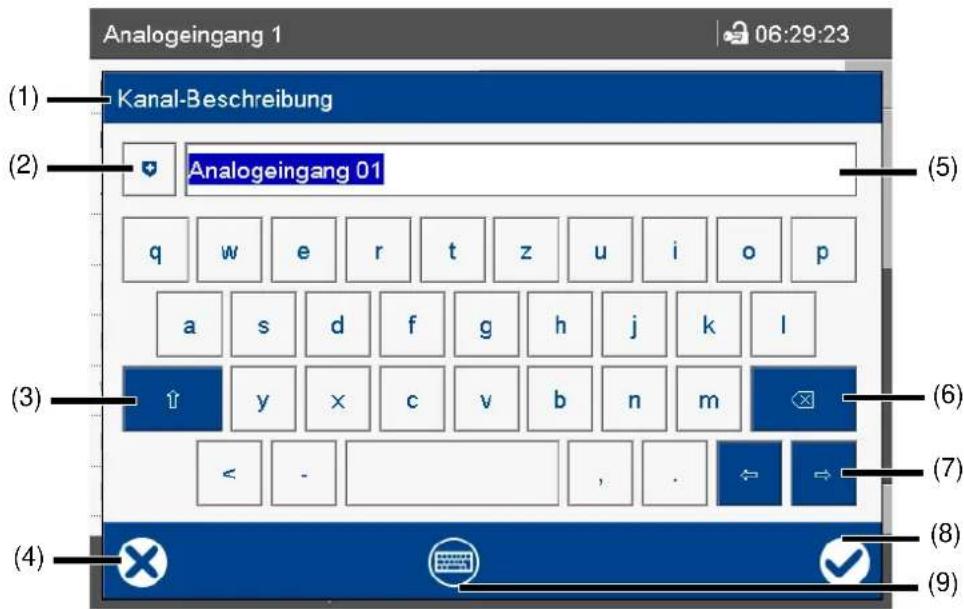 Analogeingang 1 06:29:23 (1) Kanal-Beschreibung (2) Analogeingang 01 q w e r t z u i o p a s d f g h j k l (3) y x c v b n m < - , . ⇔ → (4) (5) (6) (7) (8) (9)