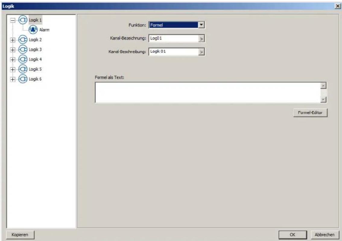 Logik Logik 1 Alarm Logik 2 Logik 3 Logik 4 Logik 5 Logik 6 Funktion: Formel Kanal-Bezeichnung: Log01 > Kanal-Beschreibung: Logik 01 > Formel als Text: Formel-Editor Kopieren OK Abbrechen