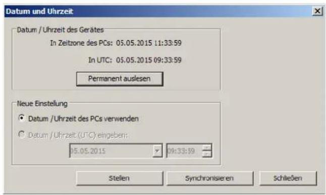 Datum und Uhrzeit Datum / Uhrzeit des Gerätes In Zeitzone des PCs: 05.05.2015 11:33:59 In UTC: 05.05.2015 09:33:59 Permanent auslesen Neue Einstellung ● Datum / Uhrzeit des PCs verwenden ○ Datum / Uhrzeit (UTC) eingeben: 05.05.2015 09:33:59 Stellen Synchronisieren Schließen