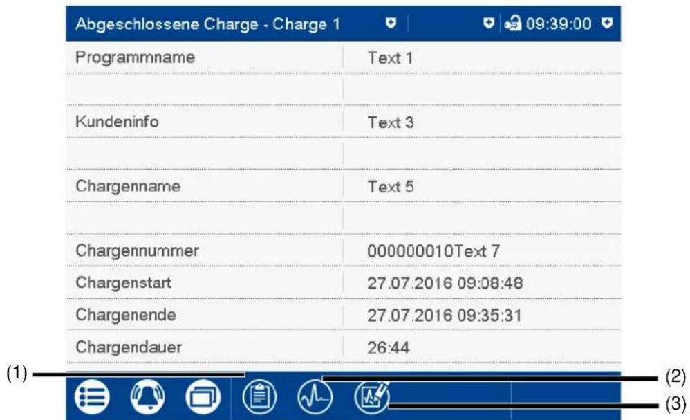 Abgeschlossene Charge - Charge 1 Programmname Text 1 Kundeninfo Text 3 Chargenname Text 5 Chargennummer 000000010Text 7 Chargenstart 27.07.2016 09:08:48 Chargenende 27.07.2016 09:35:31 Chargendauer 26:44 (1) (2) (3)