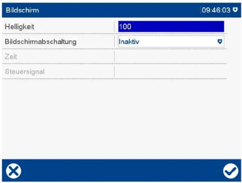 Bildschirm 09:46:03 Helligkeit 100 Bildschirmabschaltung Inaktiv Zeit Steuersignal