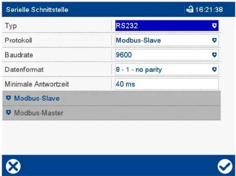 Serielle Schnittstelle 16:21:38 Typ RS232 Protokoll Modbus-Slave Baudrate 9600 Datenformat 8 - 1 - no parity Minimale Antwortzeit 40 ms Modbus-Slave Modbus-Master