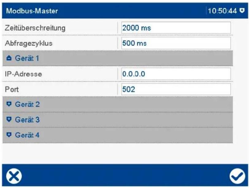 Modbus-Master 10:50:44 Zeitüberschreitung 2000 ms Abfragezyklus 500 ms Gerät 1 IP-Adresse 0.0.0.0 Port 502 Gerät 2 Gerät 3 Gerät 4