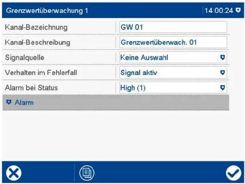 Grenzwertüberwachung 1 14:00:24 Kanal-Bezeichnung GW 01 Kanal-Beschreibung Grenzwertüberwach. 01 Signalquelle Keine Auswahl Verhalten im Fehlerfall Signal aktiv Alarm bei Status High (1) Alarm