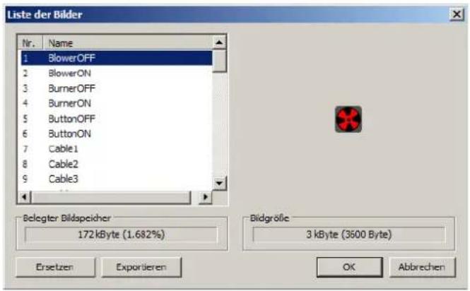 Liste der Bilder Nr. Name 1 BlowerOFF 2 BlowerON 3 BurnerOFF 4 BurnerON 5 ButtonOFF 6 ButtonON 7 Cable1 8 Cable2 9 Cable3 Belegter Bildspeicher 172 kByte (1.682%) Bildgröße 3 kByte (3500 Byte) Ersetzen Exportieren OK Abbrevien