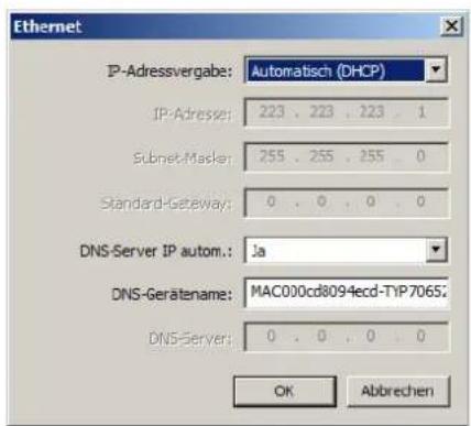 Ethernet IP-Adressvergabe: Automatisch (DHCP) IP-Adresser: 223, 223, 223, 1 Subnet-Masker: 255, 255, 255, 0 Standard-Getaway: 0, 0, 0, 0 DNS-Server IP autom.: Ja DNS-Gerätename: MAC000cd8094ecd-TYP7065: DNS-Server: 0, 0, 0, 0 OK Abbrecen